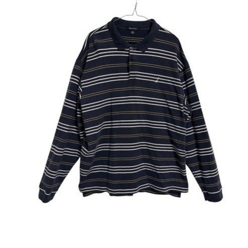 Nautica Polo Shirt Mens‎ XXL Navy Blue Excellent Long Sleeve Striped Cotton